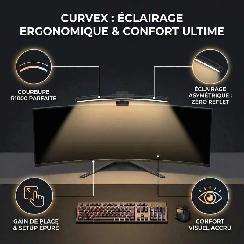Lampe de Bureau Screenbar Tactile CURVEX 40cm : Zéro Reflet - Corps Incurvé