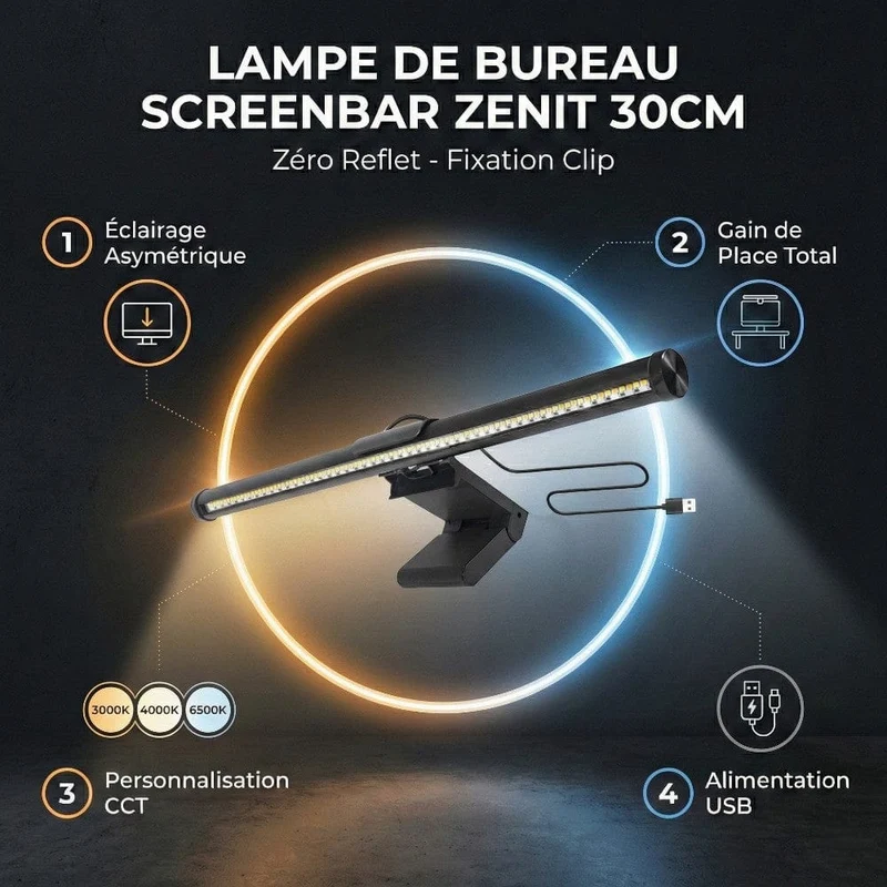 Lampe de Bureau Screenbar ZENIT 30cm : Zéro Reflet - Fixation par Gravité