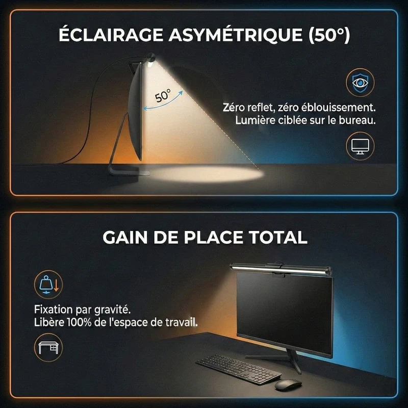 Lampe de Bureau Screenbar ZENIT 30cm : Zéro Reflet - Fixation par Gravité