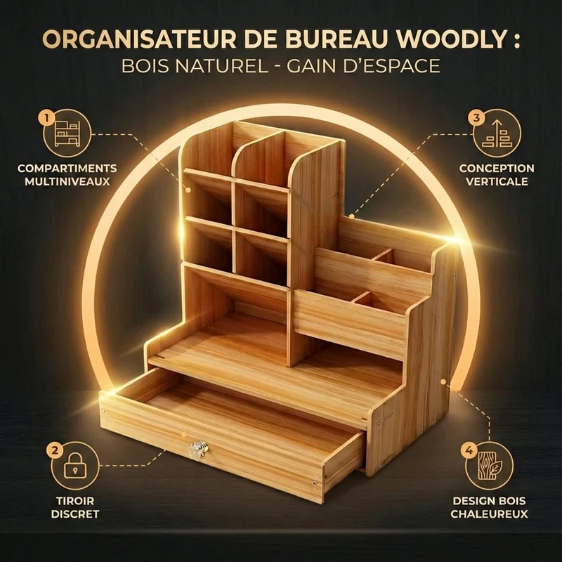 Organisateur de bureau WOODLY : Accès Instantané - Gain d'Espace