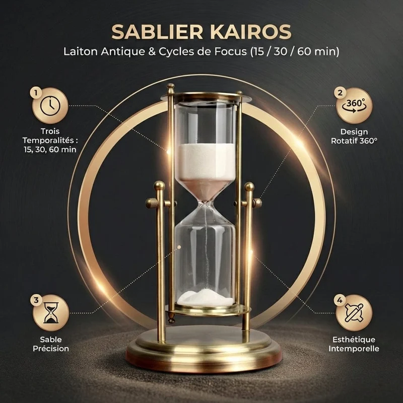 Sablier KAIROS : Laiton Antique & Cycles de Focus (15 / 30 / 60 min)