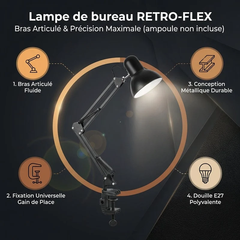 Lampe de Bureau RETRO-FLEX : Bras Articulé & Précision Maximale (ampoule non incluse)