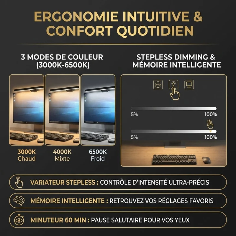 Lampe de Bureau AURA 30/50cm : Source asymétrique & Confort visuel total