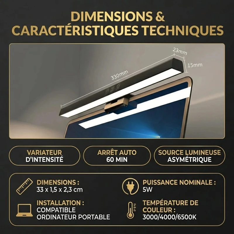 Lampe de Bureau AURA 30/50cm : Source asymétrique & Confort visuel total