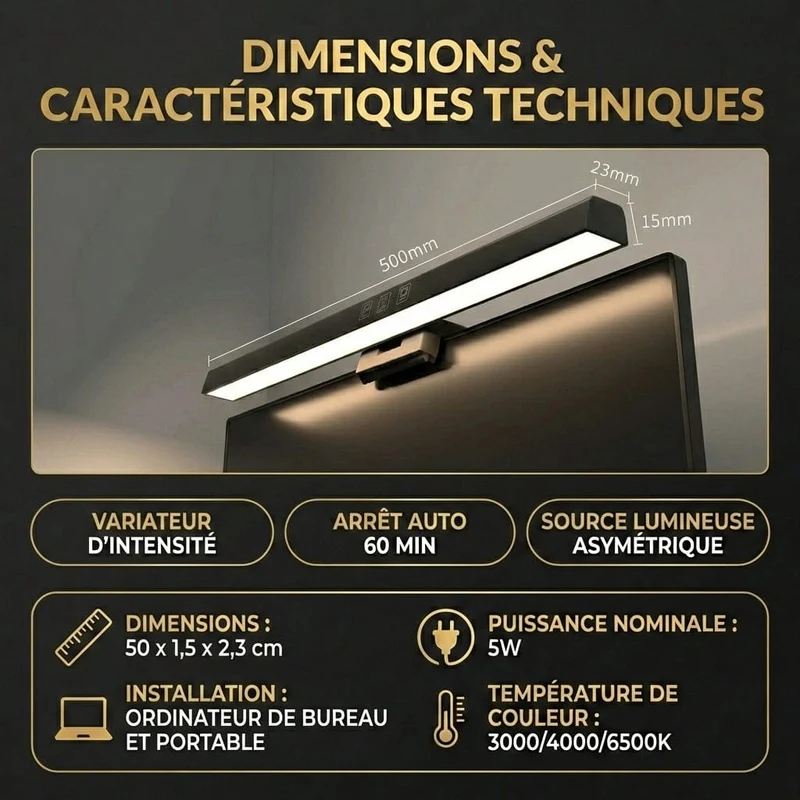 Lampe de Bureau AURA 30/50cm : Source asymétrique & Confort visuel total