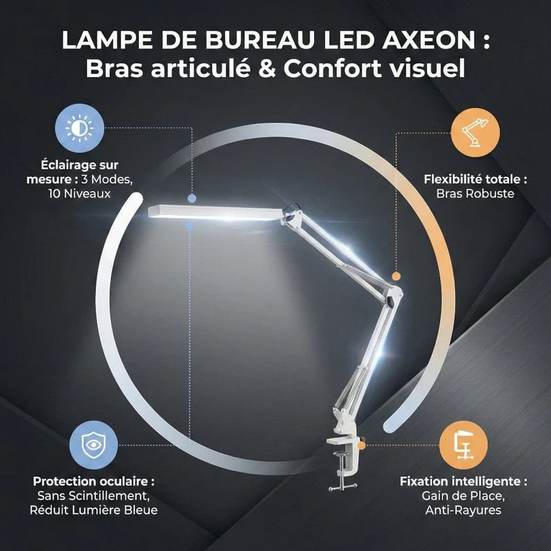 Lampe de Bureau LED AXEON : Bras articulé & Confort visuel