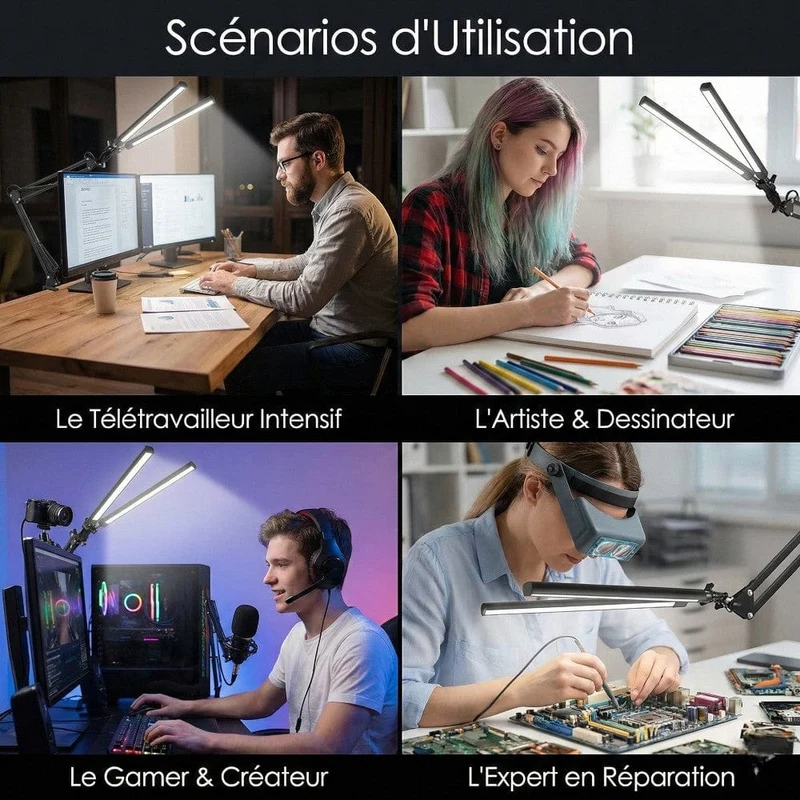 Lampe de Bureau Luxia : Double Tête & Éclairage Panoramique