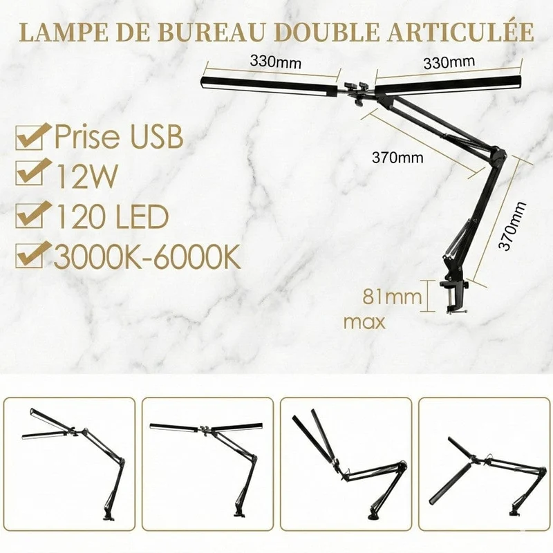 Lampe de Bureau Luxia : Double Tête & Éclairage Panoramique