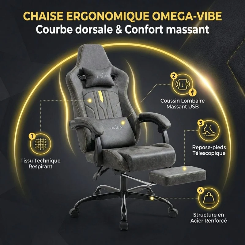 Chaise Ergonomique OMEGA-VIBE : Courbe Dorsale & Confort Massant