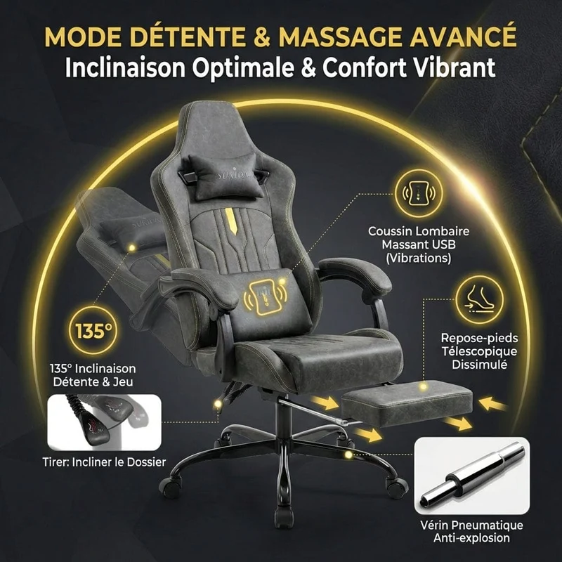 Chaise Ergonomique OMEGA-VIBE : Courbe Dorsale & Confort Massant