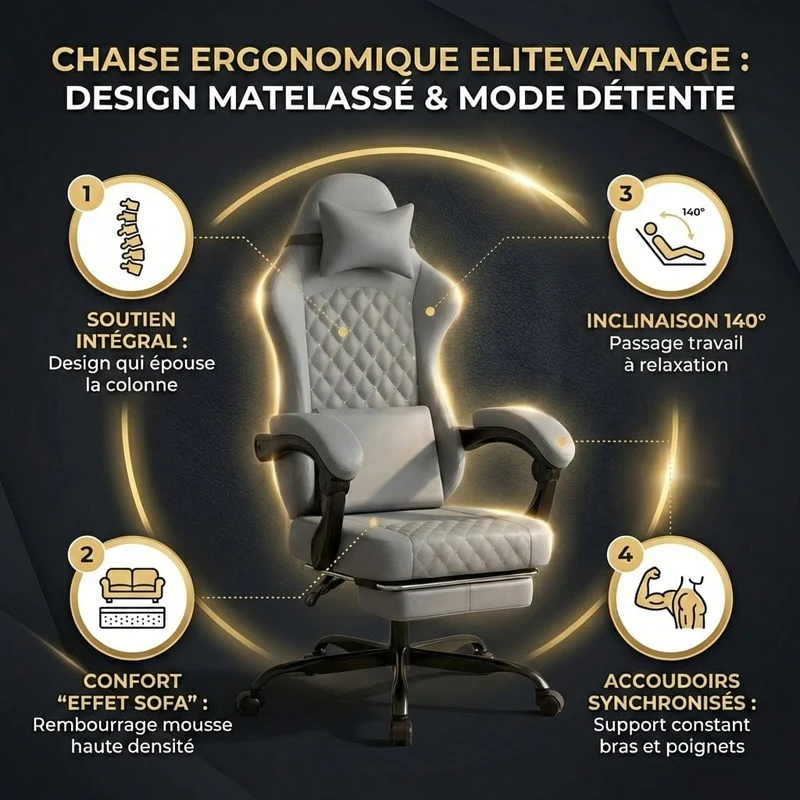 Chaise ergonomique EliteVantage : Design Matelassé & Mode Détente