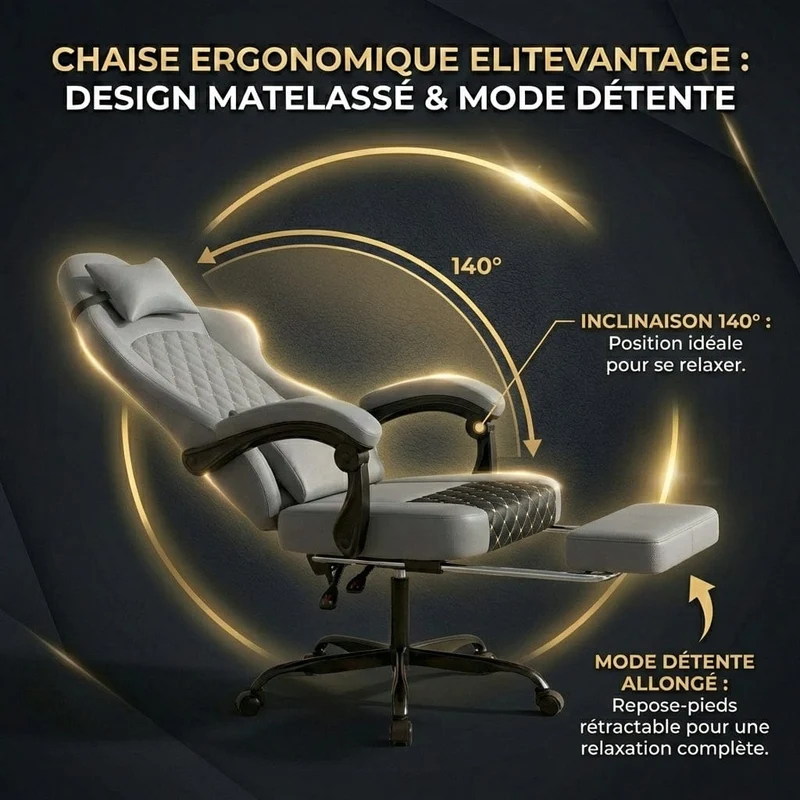 Chaise ergonomique EliteVantage : Design Matelassé & Mode Détente