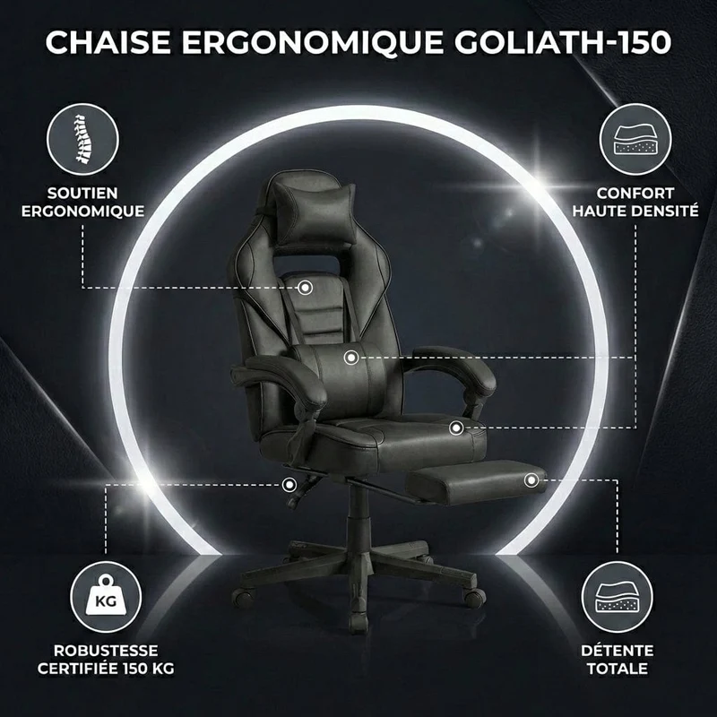 Chaise ergonomique Goliath-150 : Soutien Lombaire Précis et Structure Renforcée 150 kg
