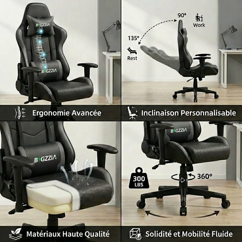 Chaise Ergonomique de Bureau Gaming avec Dossier Inclinable et Support Lombaire