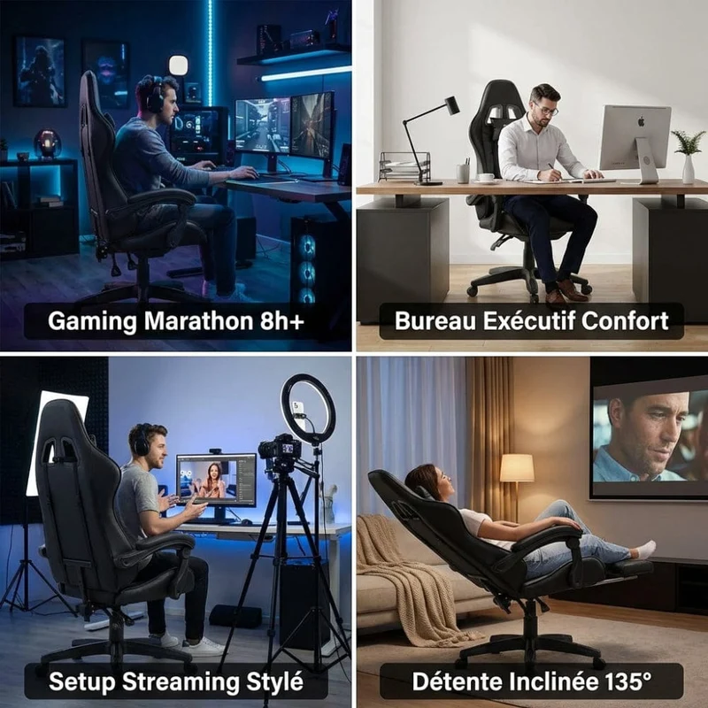 Chaise Ergonomique de Bureau Gaming avec Dossier Inclinable et Support Lombaire