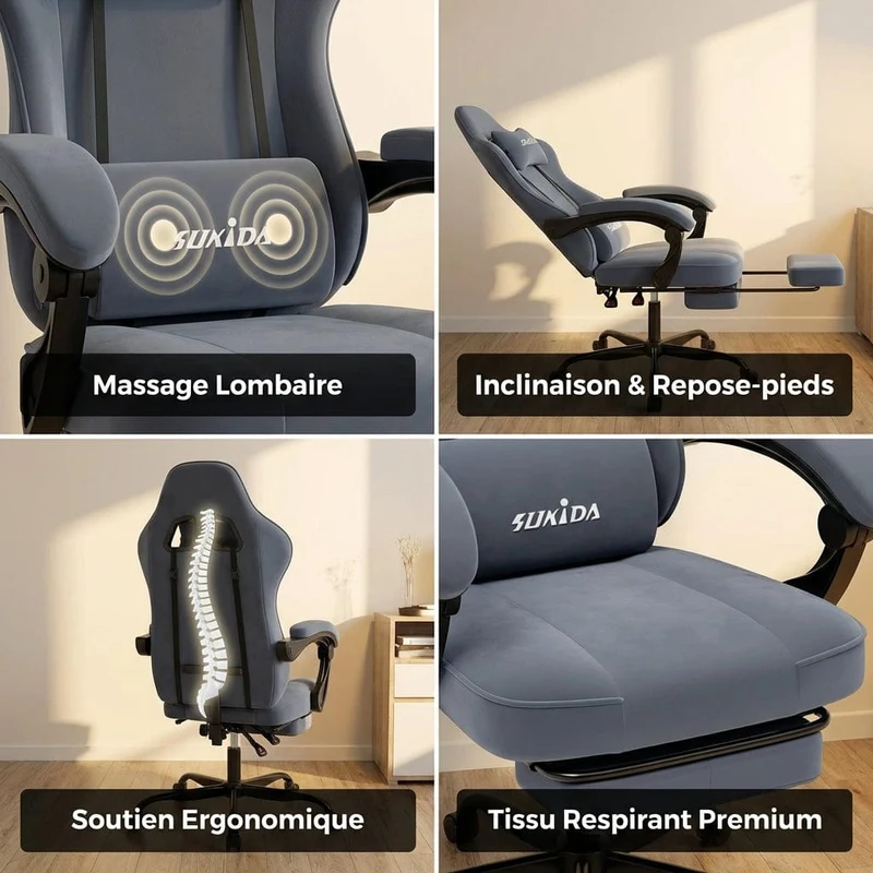 Chaise Gaming Ergonomique SUKIDA avec Massage et Repose-Pieds