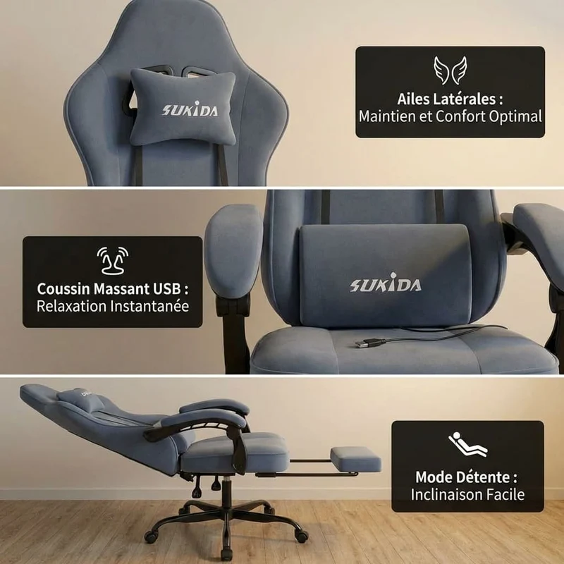 Chaise Gaming Ergonomique SUKIDA avec Massage et Repose-Pieds