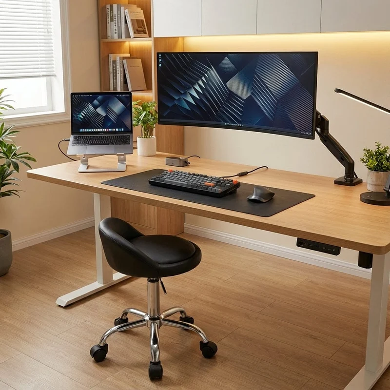 Tabouret de Bureau Pivotant à Roulettes - Hauteur Réglable avec Dossier Bas