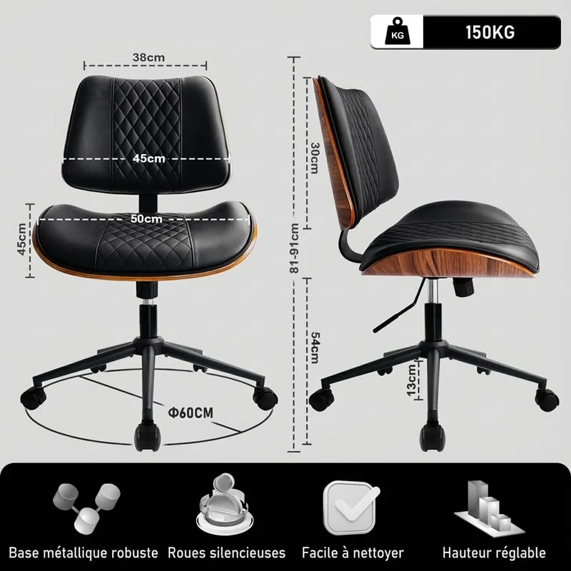 Chaise de Bureau Design Mid-Century en Noyer & Cuir PU | Confort Ergonomique et Gain de Place