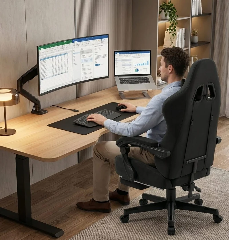 Chaise de Bureau Ergonomique Premium – Assise "Confort Canapé" en Tissu Suédé Respirant & Repose-Pieds Rétractable