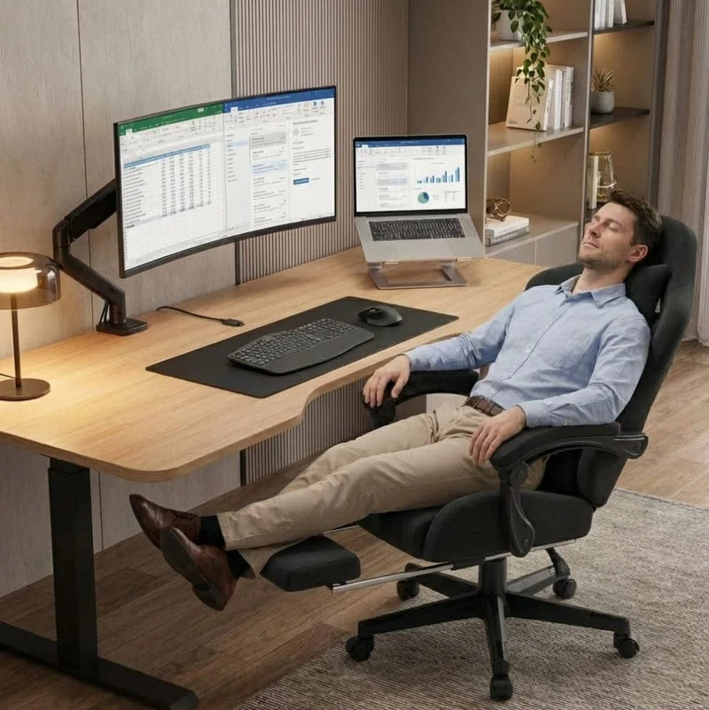 Chaise de Bureau Ergonomique Premium – Assise "Confort Canapé" en Tissu Suédé Respirant & Repose-Pieds Rétractable