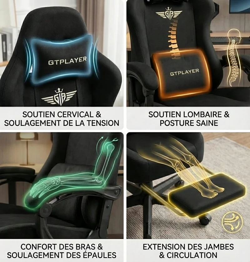 Chaise de Bureau Ergonomique Premium – Assise "Confort Canapé" en Tissu Suédé Respirant & Repose-Pieds Rétractable