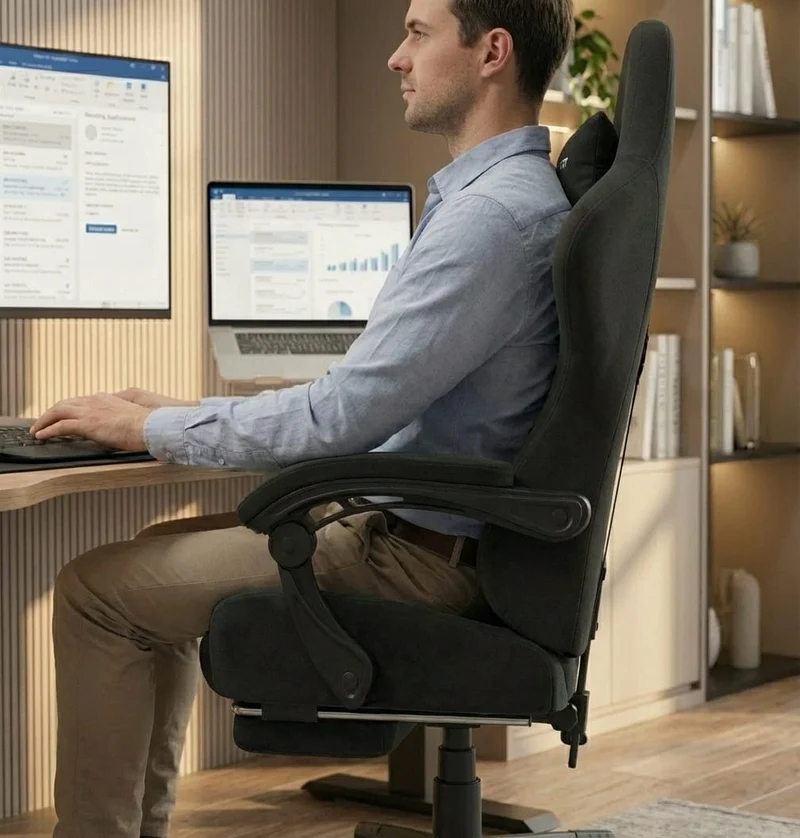 Chaise de Bureau Ergonomique Premium – Assise "Confort Canapé" en Tissu Suédé Respirant & Repose-Pieds Rétractable