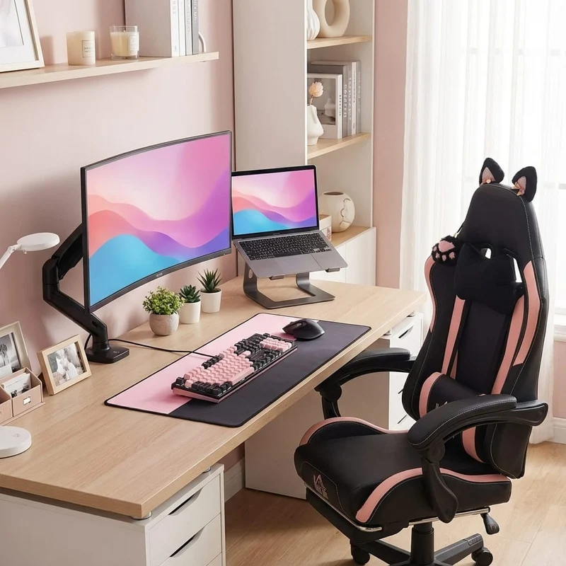 Chaise Ergonomique Gaming Design Chat avec Repose-Pieds Rétractable
