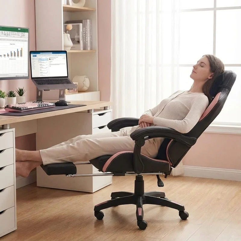 Chaise Ergonomique Gaming Design Chat avec Repose-Pieds Rétractable
