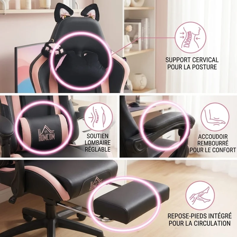 Chaise Ergonomique Gaming Design Chat avec Repose-Pieds Rétractable