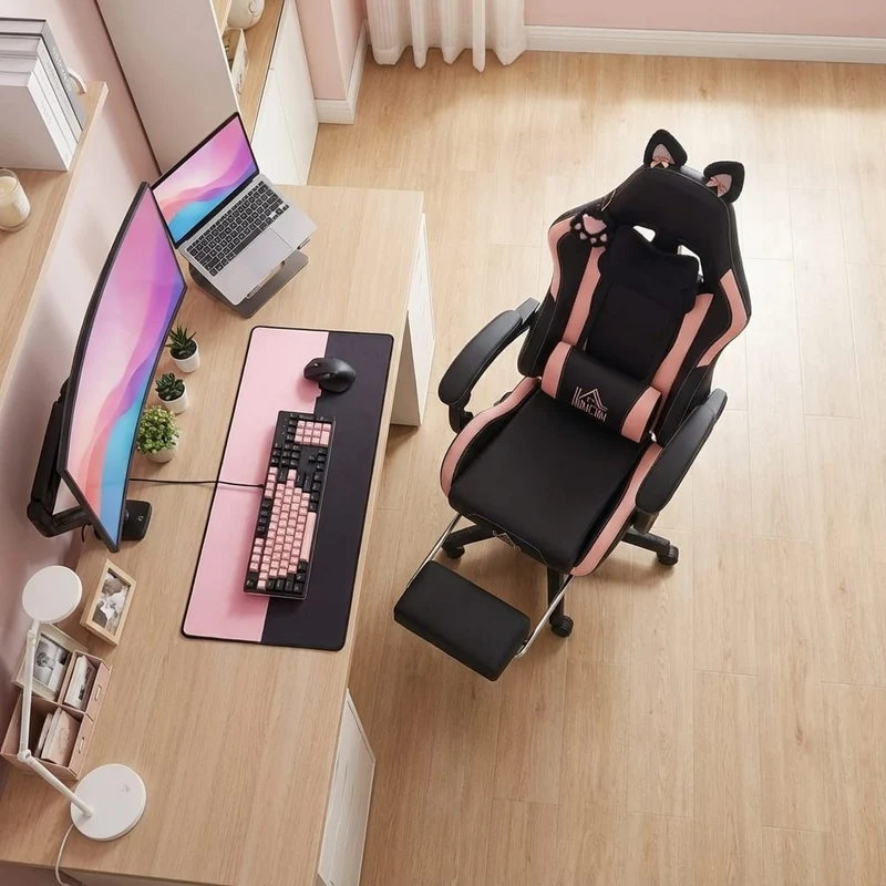 Chaise Ergonomique Gaming Design Chat avec Repose-Pieds Rétractable