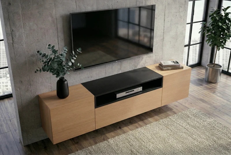 TV-Board suspendu LOFT 160cm naturel noir trois compartiments avec tiroir