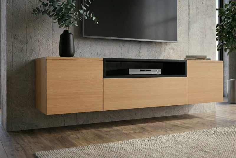 TV-Board suspendu LOFT 160cm naturel noir trois compartiments avec tiroir