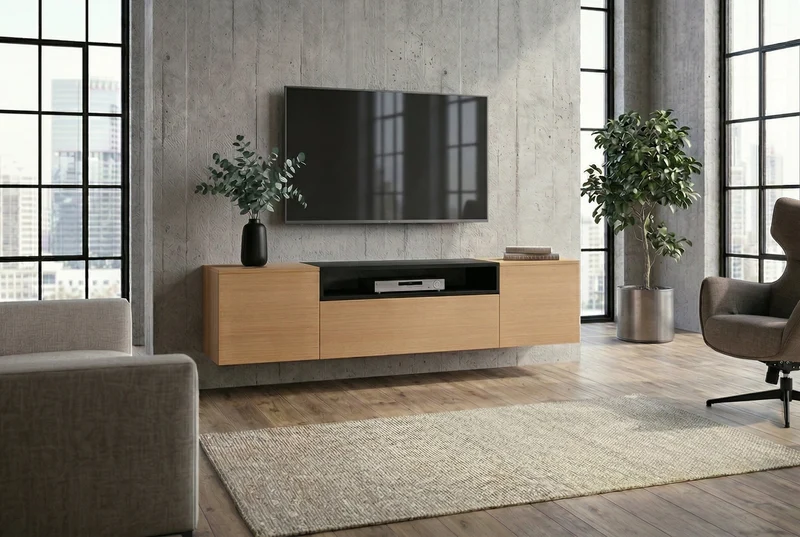 TV-Board suspendu LOFT 160cm naturel noir trois compartiments avec tiroir