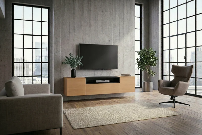 TV-Board suspendu LOFT 160cm naturel noir trois compartiments avec tiroir