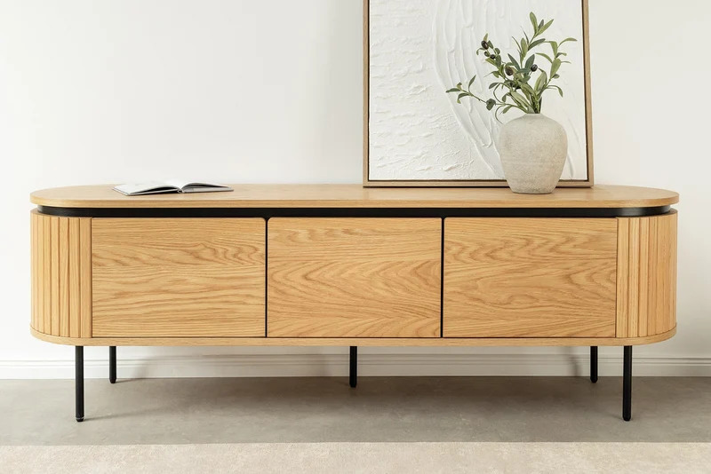 Meuble TV moderne ATELIER 160cm chêne naturel meuble bas métal noir