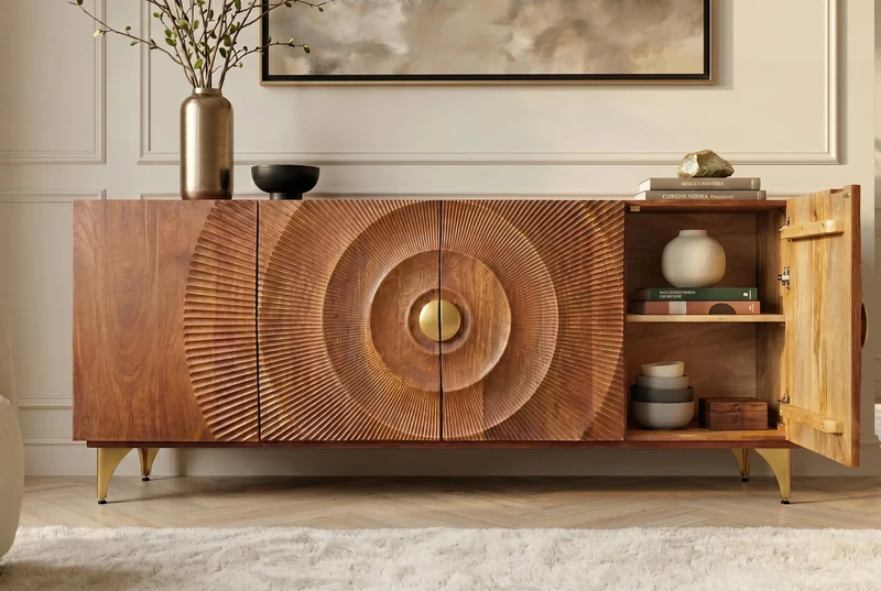 Buffet artisanal GOLDEN SUNSET 180cm marron avec sculptures 3D pieds en métal bois de manguier doré