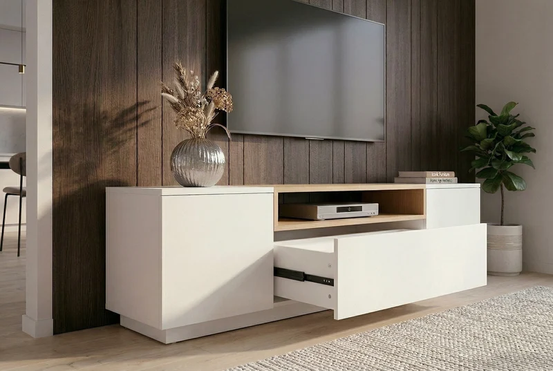 Meuble TV moderne LOFT 160cm blanc naturel trois compartiments avec tiroir