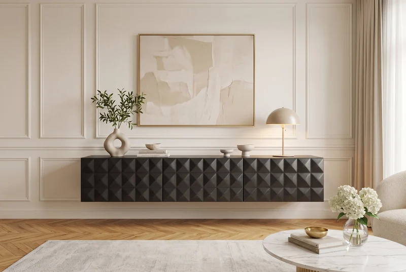 Buffet TV suspendu VULCANO 160cm bois de manguier massif noir