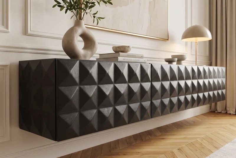 Buffet TV suspendu VULCANO 160cm bois de manguier massif noir