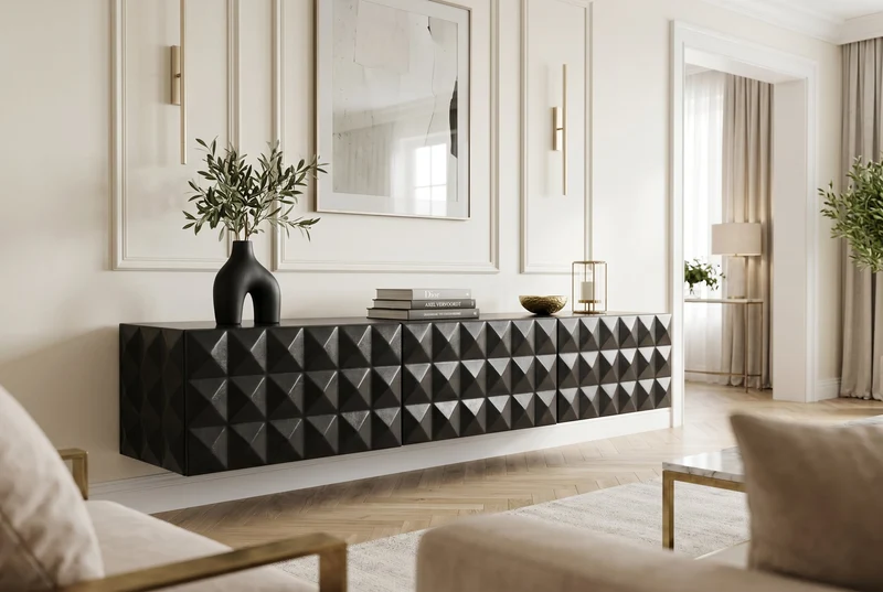 Buffet TV suspendu VULCANO 160cm bois de manguier massif noir