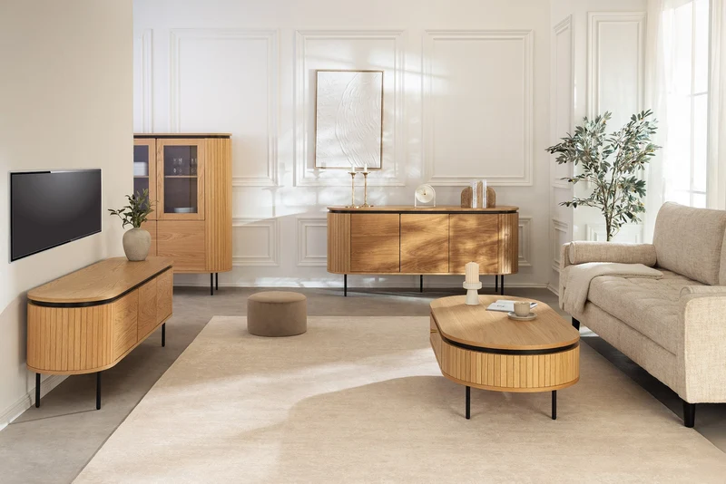 Buffet moderne ATELIER 160cm chêne naturel métal noir quatre compartiments