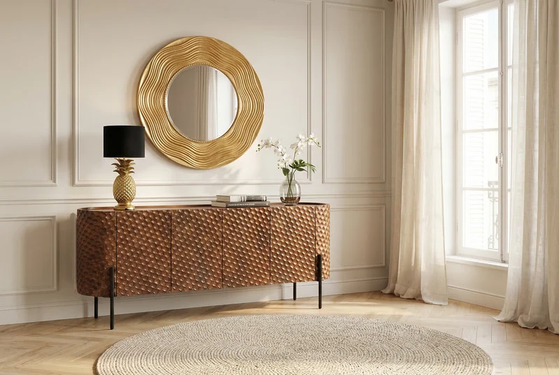 Buffet massif ADLON 180cm manguier marron métal noir façade 3D en structure nid d’abeille