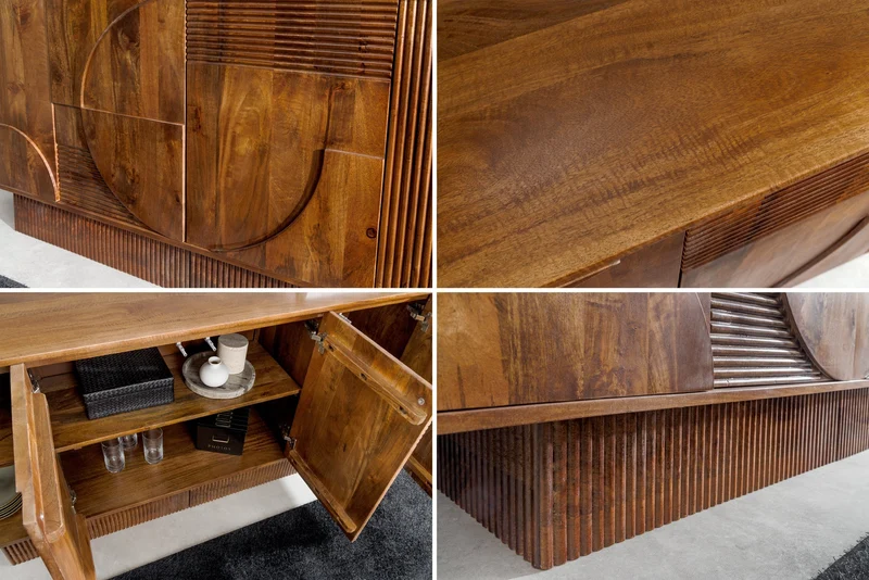 Buffet massif ART DECO 170cm marron fumé manguier façade 3D