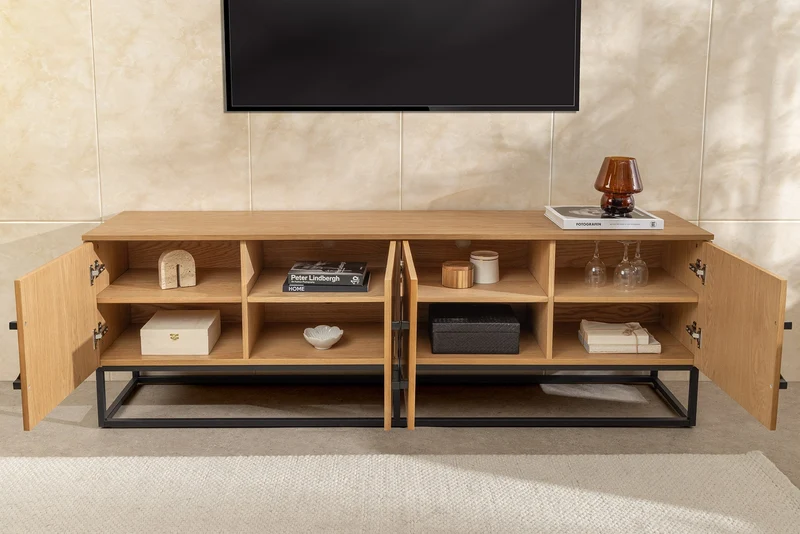 Buffet bas industriel GRANDEZZA 180cm chêne naturel meuble TV métal noir