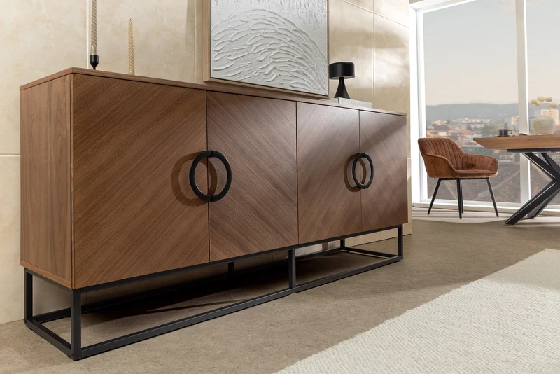 Buffet industriel GRANDEZZA 180cm noyer naturel métal noir beaucoup de rangements