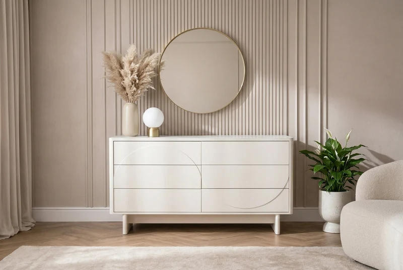 Buffet design SAVOY 150cm céramique marbre blanc cachemire avec six tiroirs
