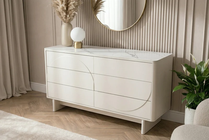 Buffet design SAVOY 150cm céramique marbre blanc cachemire avec six tiroirs