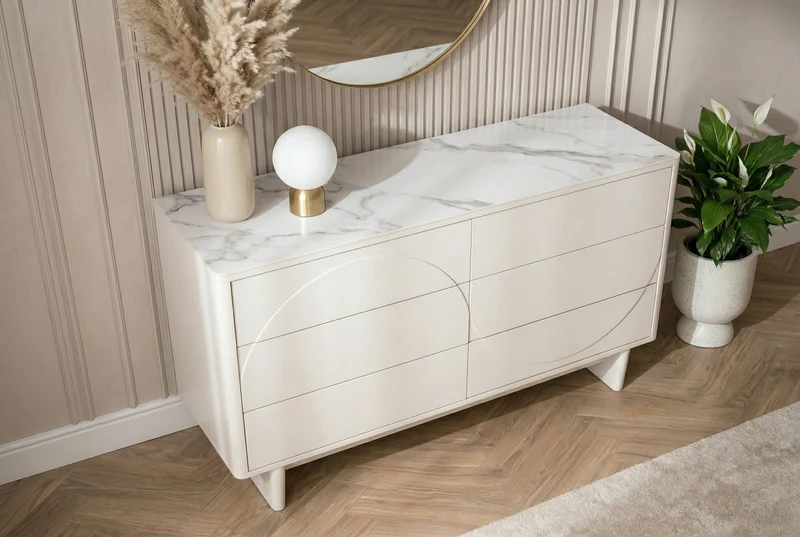 Buffet design SAVOY 150cm céramique marbre blanc cachemire avec six tiroirs
