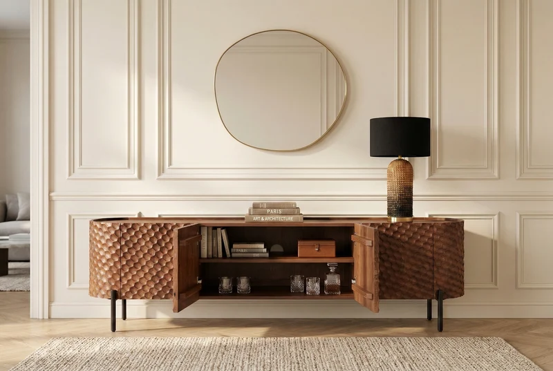Meuble TV massif ADLON 200cm bois de manguier marron meuble bas métal noir avec façade 3D